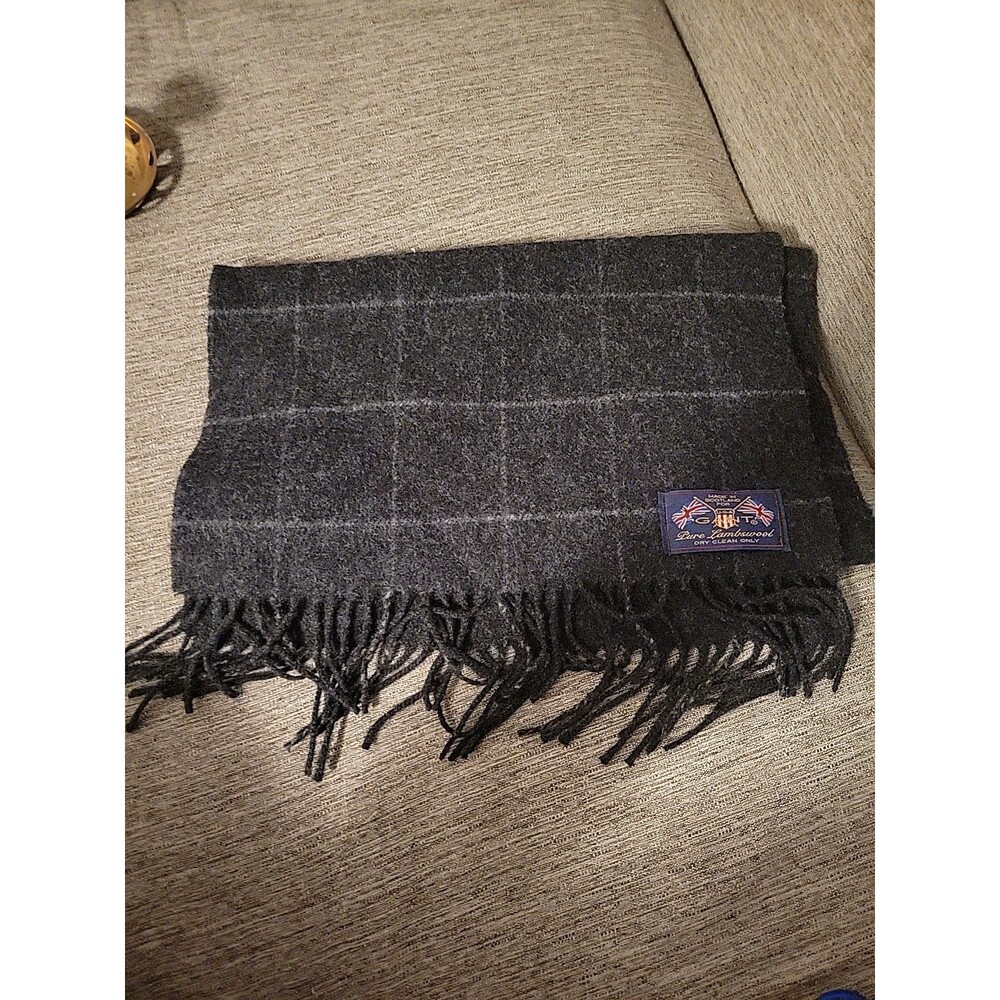 Gant Scarf Mens Grey Black 100% Wool Check Lamswool Fringe Scotland